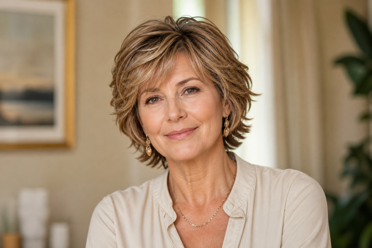 Short shag haircut for women over 50 with soft layered texture, voluminous crown, and wispy bangs adding youthful movement and fullness to thinning hair