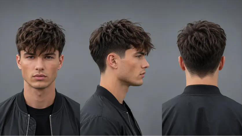 Messy fringe haircut for men with textured volume, modern fade, and natural movement — stylish 2026 men’s hairstyle idea for straight, wavy, and curly hair types.