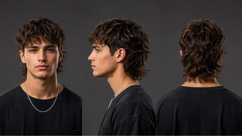 Modern textured mullet hairstyle for men with burst fade sides and layered back, showcasing a trendy masculine haircut for thick wavy hair