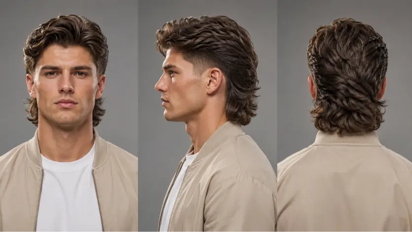 Man with a modern mullet fade haircut featuring textured volume on top, faded sides, and longer layered hair at the back for a bold stylish look
