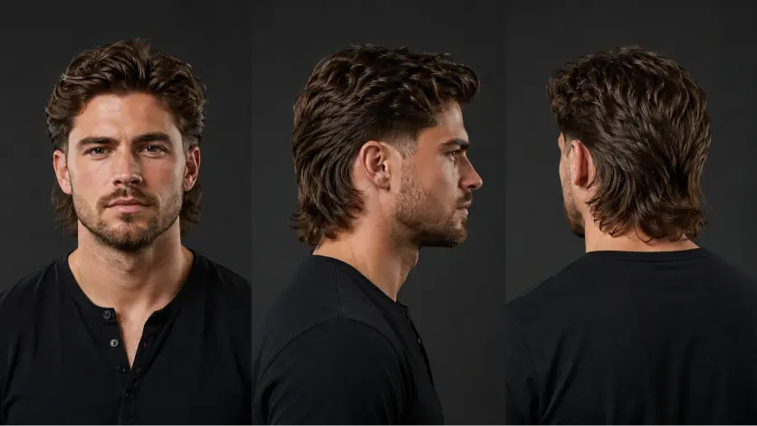 Man with a textured burst fade mullet hairstyle featuring sharp faded sides, messy volume on top, and longer layered hair in the back for a modern edgy look