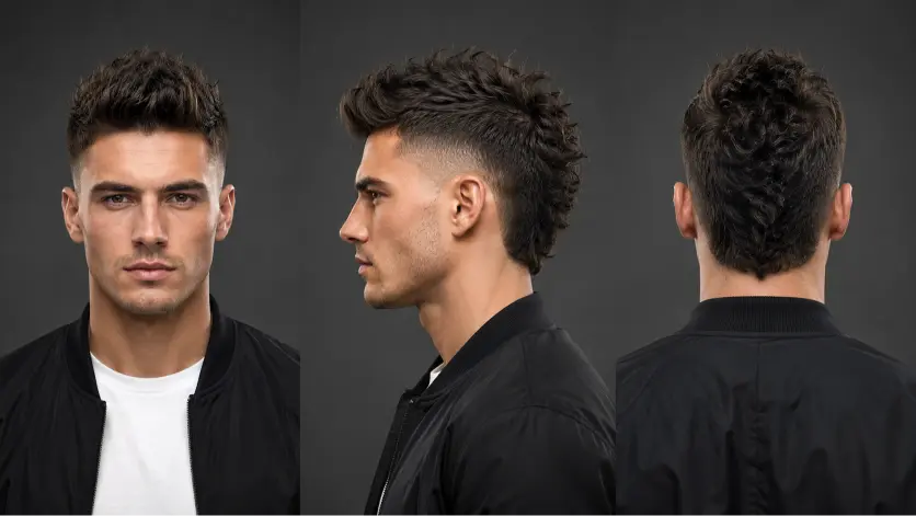 Man with a modern burst fade mohawk haircut featuring textured volume, sharp faded sides, and bold masculine style trend for men