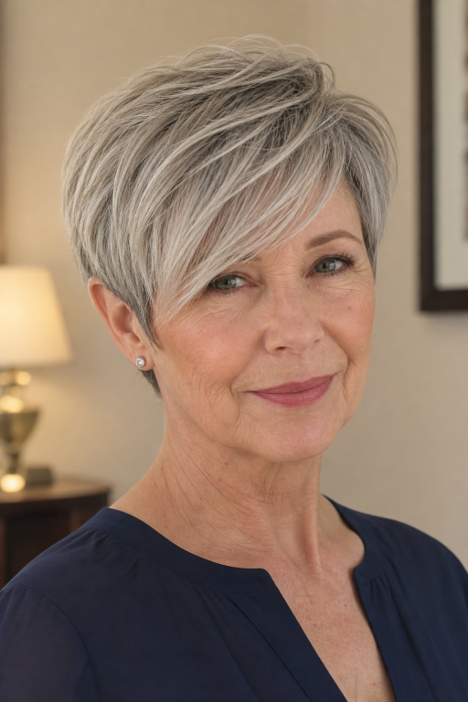 Short layered pixie haircut for women over 60 with thin fine hair adding volume and lift