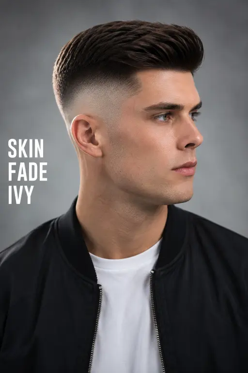 Confident young man with a modern Ivy League haircut featuring neatly tapered sides, textured side-parted top, and a clean masculine finish, styled in a premium barbershop setting with sharp grooming details and timeless men’s fashion aesthetic.
