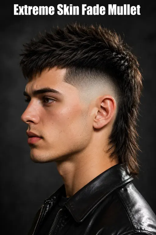 Man with a modern mullet fade haircut featuring textured volume on top, faded sides, and longer layered hair at the back for a bold stylish look