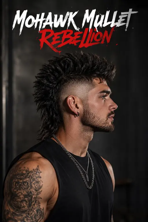 Man with a textured burst fade mullet hairstyle featuring sharp faded sides, messy volume on top, and longer layered hair in the back for a modern edgy look