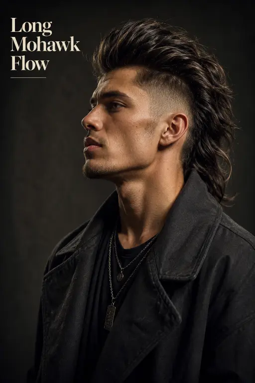 Man with a modern burst fade mohawk haircut featuring textured volume, sharp faded sides, and bold masculine style trend for men