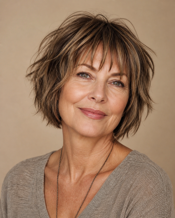 Layered bob with bangs for women over 50 showcasing flattering, modern styles for different face shapes and hair textures