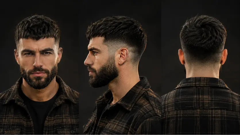 Sharp modern French crop low fade haircut on a stylish man with textured hair, clean faded sides, and defined fringe, showcasing trendy men’s grooming and contemporary barber style.