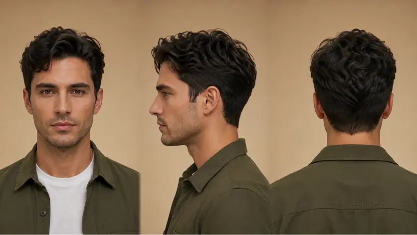 Confident young man with a modern Ivy League haircut featuring neatly tapered sides, textured side-parted top, and a clean masculine finish, styled in a premium barbershop setting with sharp grooming details and timeless men’s fashion aesthetic.