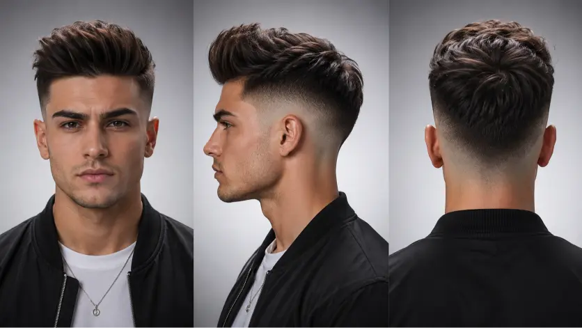 Modern textured quiff hairstyle for men with high fade, thick volume, and natural texture styled for a sharp masculine look
