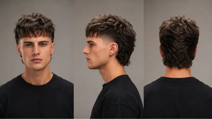 Man with a modern mullet fade haircut featuring textured volume on top, faded sides, and longer layered hair at the back for a bold stylish look