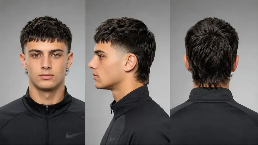Man with a textured burst fade mullet hairstyle featuring sharp faded sides, messy volume on top, and longer layered hair in the back for a modern edgy look