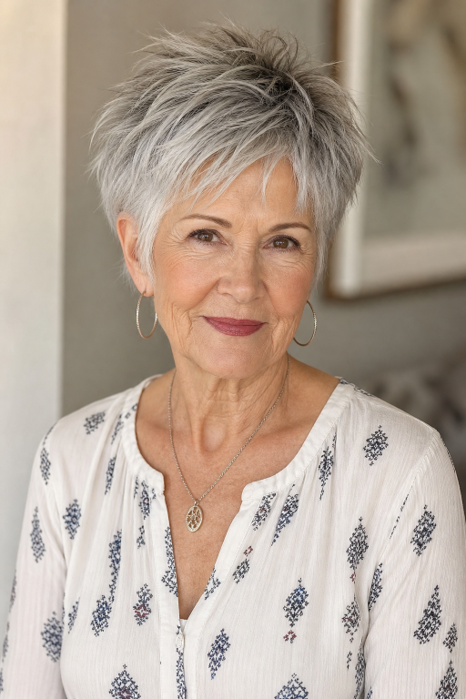 Elegant short layered hairstyle for women over 70 with soft volume and natural gray hair