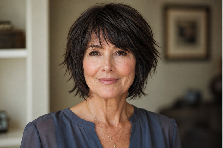Short shag haircut for women over 50 with soft layered texture, voluminous crown, and wispy bangs adding youthful movement and fullness to thinning hair