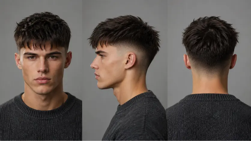 Man with a modern French crop high fade haircut featuring textured top layers, sharp faded sides, and a clean masculine finish, showcasing trendy men’s hairstyle inspiration for 2026.
