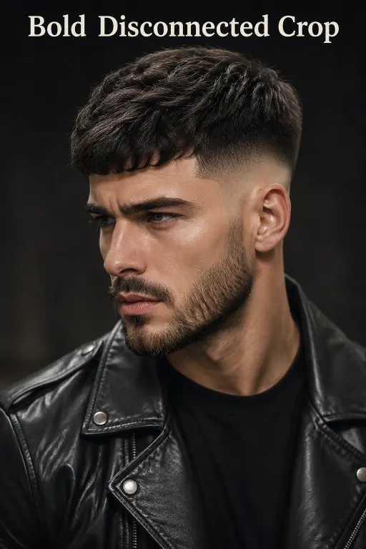 Sharp modern French crop low fade haircut on a stylish man with textured hair, clean faded sides, and defined fringe, showcasing trendy men’s grooming and contemporary barber style.