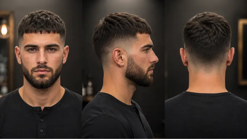 French crop mid fade hairstyle variations for men featuring textured tops, clean faded sides, sharp fringes, and modern masculine grooming styles for different hair types and face shapes.