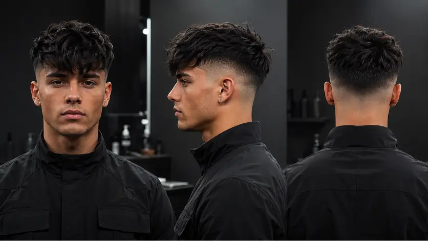 Messy fringe haircut for men with textured volume, modern fade, and natural movement — stylish 2026 men’s hairstyle idea for straight, wavy, and curly hair types.