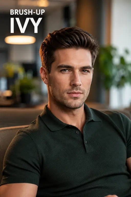Confident young man with a modern Ivy League haircut featuring neatly tapered sides, textured side-parted top, and a clean masculine finish, styled in a premium barbershop setting with sharp grooming details and timeless men’s fashion aesthetic.