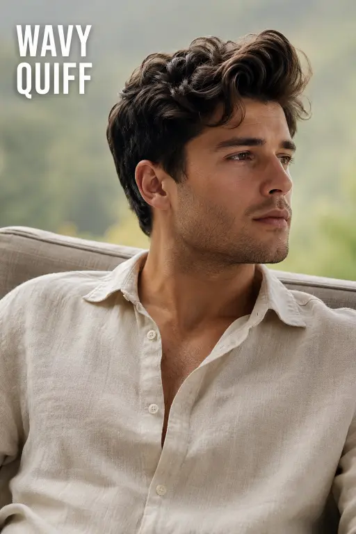 Modern textured quiff hairstyle for men with high fade, thick volume, and natural texture styled for a sharp masculine look