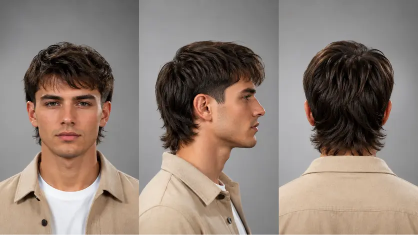 Modern textured mullet hairstyle for men with burst fade sides and layered back, showcasing a trendy masculine haircut for thick wavy hair