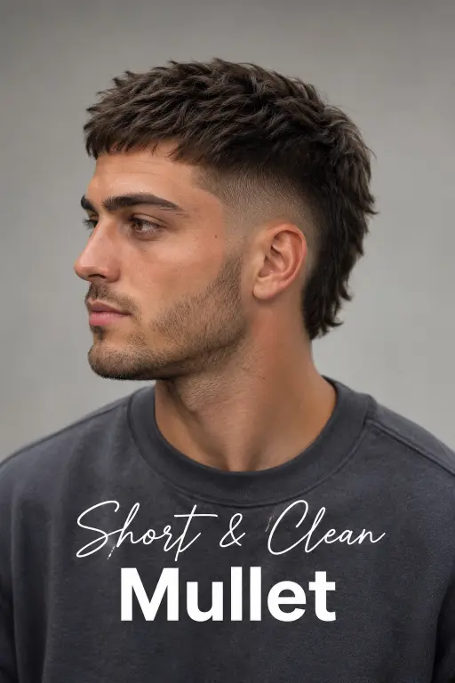 Man with a modern mullet fade haircut featuring textured volume on top, faded sides, and longer layered hair at the back for a bold stylish look
