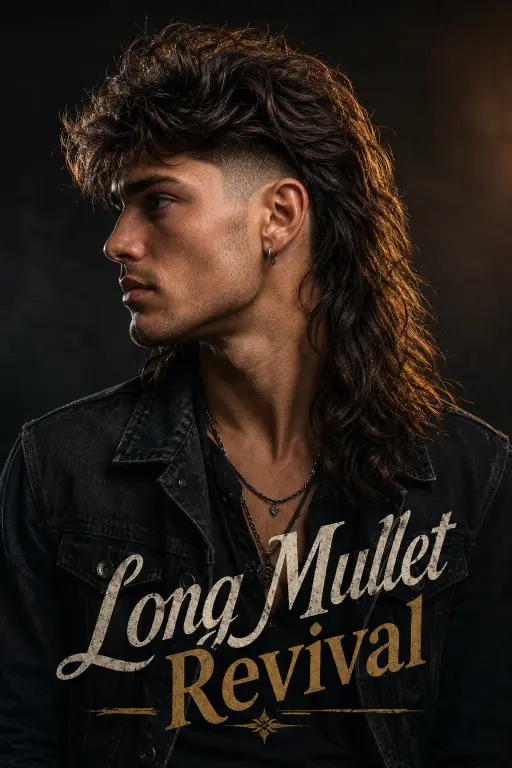 Man with a textured burst fade mullet hairstyle featuring sharp faded sides, messy volume on top, and longer layered hair in the back for a modern edgy look