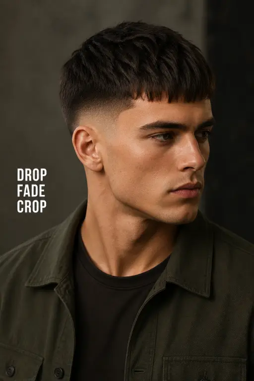 Man with a modern French crop high fade haircut featuring textured top layers, sharp faded sides, and a clean masculine finish, showcasing trendy men’s hairstyle inspiration for 2026.