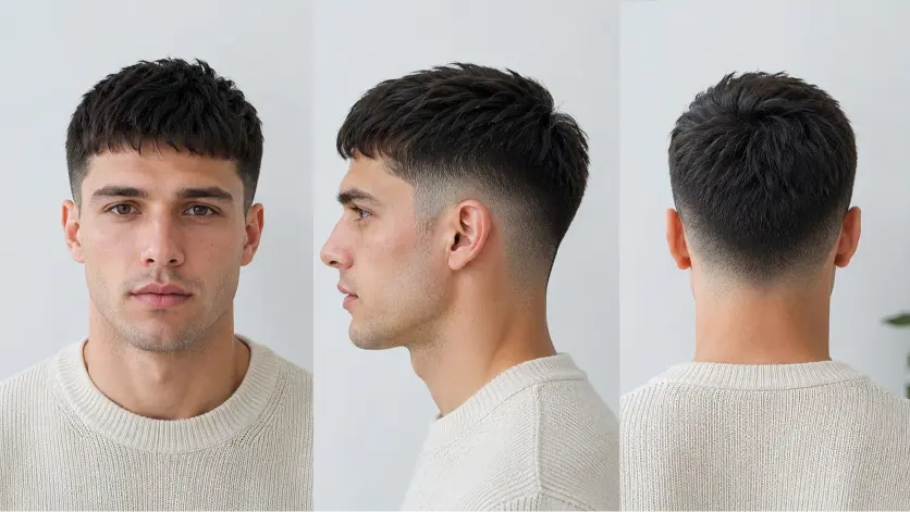 Sharp modern French crop low fade haircut on a stylish man with textured hair, clean faded sides, and defined fringe, showcasing trendy men’s grooming and contemporary barber style.