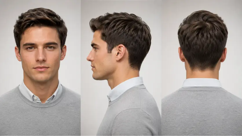 Confident young man with a modern Ivy League haircut featuring neatly tapered sides, textured side-parted top, and a clean masculine finish, styled in a premium barbershop setting with sharp grooming details and timeless men’s fashion aesthetic.