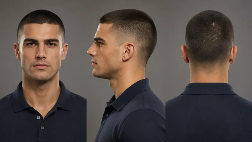 Modern long buzz cut hairstyles for men featuring fades, textured buzz cuts, beard combinations, and bold masculine looks