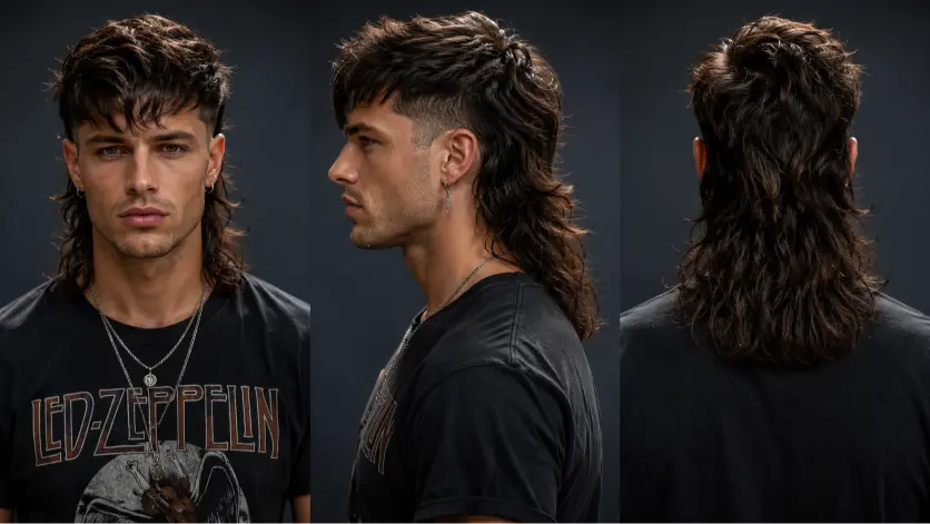 Man with a modern mullet fade haircut featuring textured volume on top, faded sides, and longer layered hair at the back for a bold stylish look