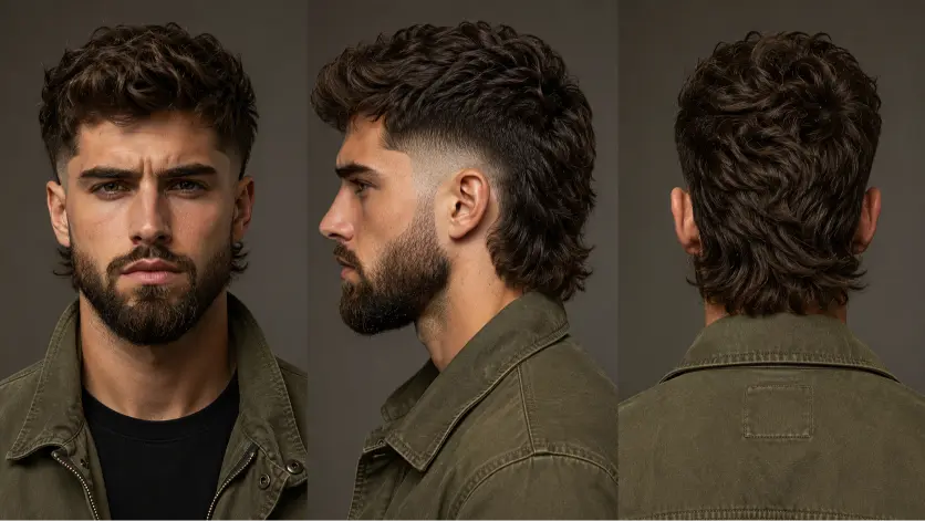 Man with a textured burst fade mullet hairstyle featuring sharp faded sides, messy volume on top, and longer layered hair in the back for a modern edgy look