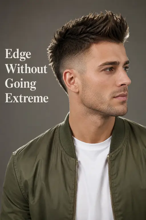 Man with a modern burst fade mohawk haircut featuring textured volume, sharp faded sides, and bold masculine style trend for men