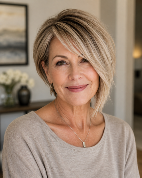 Layered bob with bangs for women over 50 showcasing flattering, modern styles for different face shapes and hair textures