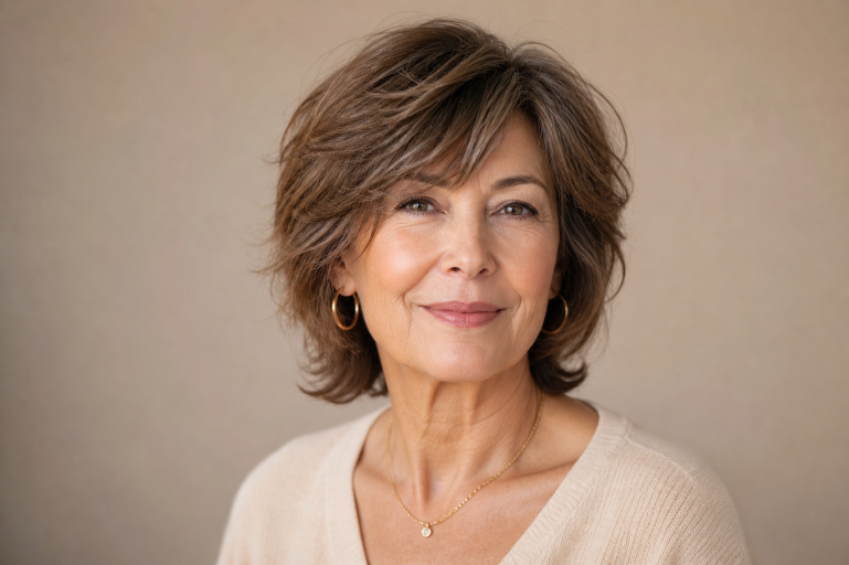 Short shag haircut for women over 50 with soft layered texture, voluminous crown, and wispy bangs adding youthful movement and fullness to thinning hair