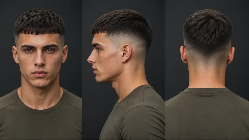 Man with a modern French crop high fade haircut featuring textured top layers, sharp faded sides, and a clean masculine finish, showcasing trendy men’s hairstyle inspiration for 2026.