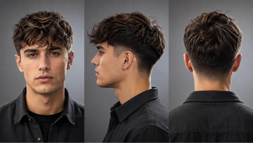 Messy fringe haircut for men with textured volume, modern fade, and natural movement — stylish 2026 men’s hairstyle idea for straight, wavy, and curly hair types.