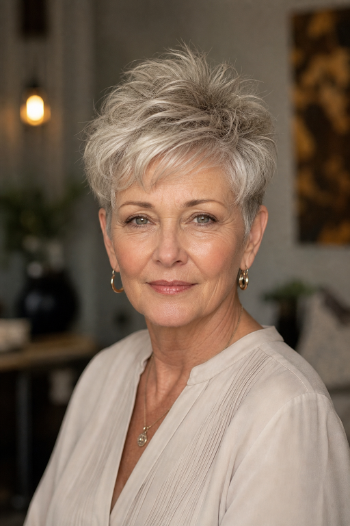Short layered pixie haircut for women over 60 with thin fine hair adding volume and lift