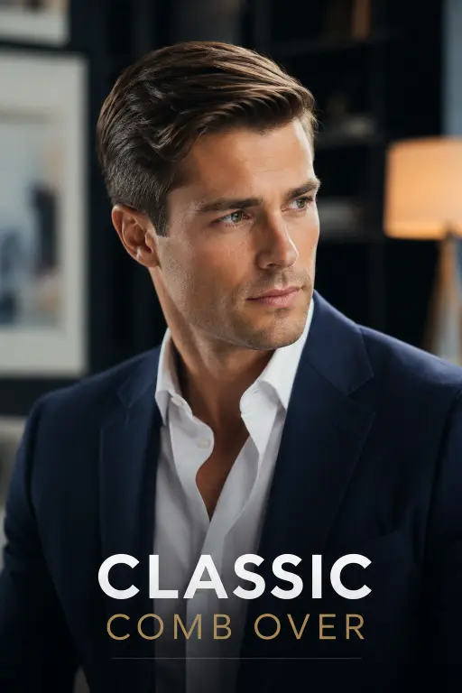 Confident young man with a modern Ivy League haircut featuring neatly tapered sides, textured side-parted top, and a clean masculine finish, styled in a premium barbershop setting with sharp grooming details and timeless men’s fashion aesthetic.