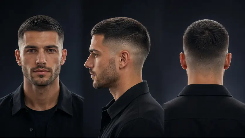 Modern long buzz cut hairstyles for men featuring fades, textured buzz cuts, beard combinations, and bold masculine looks