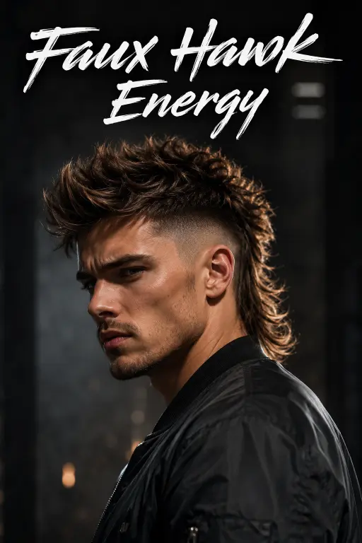 Man with a modern mullet fade haircut featuring textured volume on top, faded sides, and longer layered hair at the back for a bold stylish look
