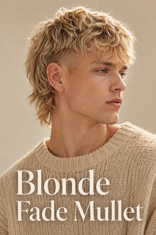 Man with a textured burst fade mullet hairstyle featuring sharp faded sides, messy volume on top, and longer layered hair in the back for a modern edgy look