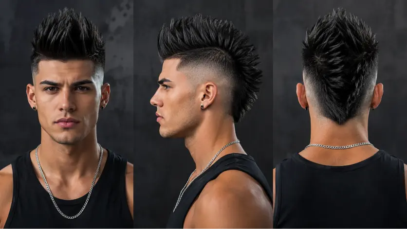 Man with a modern burst fade mohawk haircut featuring textured volume, sharp faded sides, and bold masculine style trend for men