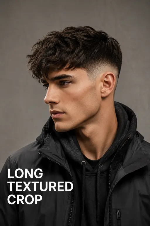 Man with a modern French crop high fade haircut featuring textured top layers, sharp faded sides, and a clean masculine finish, showcasing trendy men’s hairstyle inspiration for 2026.