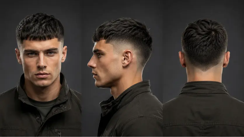 Sharp modern French crop low fade haircut on a stylish man with textured hair, clean faded sides, and defined fringe, showcasing trendy men’s grooming and contemporary barber style.