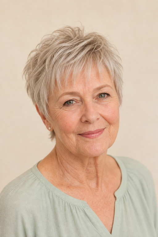 Short layered pixie haircut for women over 60 with thin fine hair adding volume and lift