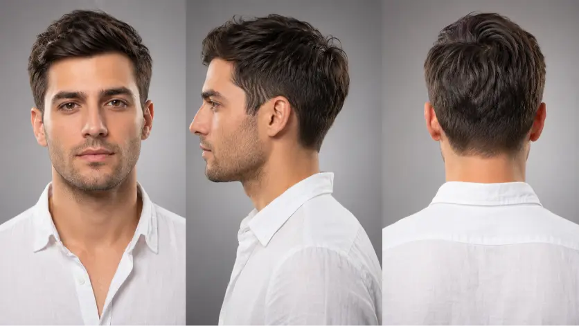 Confident young man with a modern Ivy League haircut featuring neatly tapered sides, textured side-parted top, and a clean masculine finish, styled in a premium barbershop setting with sharp grooming details and timeless men’s fashion aesthetic.
