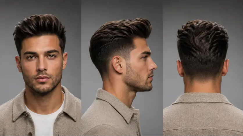 Modern textured quiff hairstyle for men with high fade, thick volume, and natural texture styled for a sharp masculine look